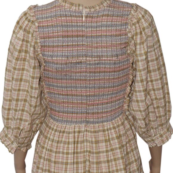 Doen Leda Dress Austin Plaid Printed Smocked Ruffle Mini New S - Picture 5 of 6